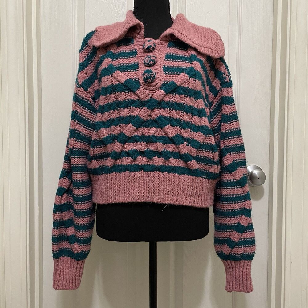 ZARA Striped Cable Knit Sweater Cropped Pink‎ Teal Soft Women's Small S Retro